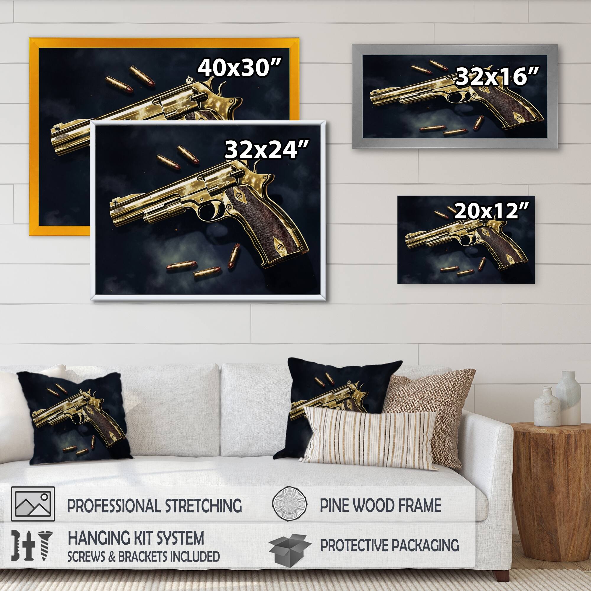 Designart "Golden Gun" Fashion Gun Wall Art For Living Room Bed Bath